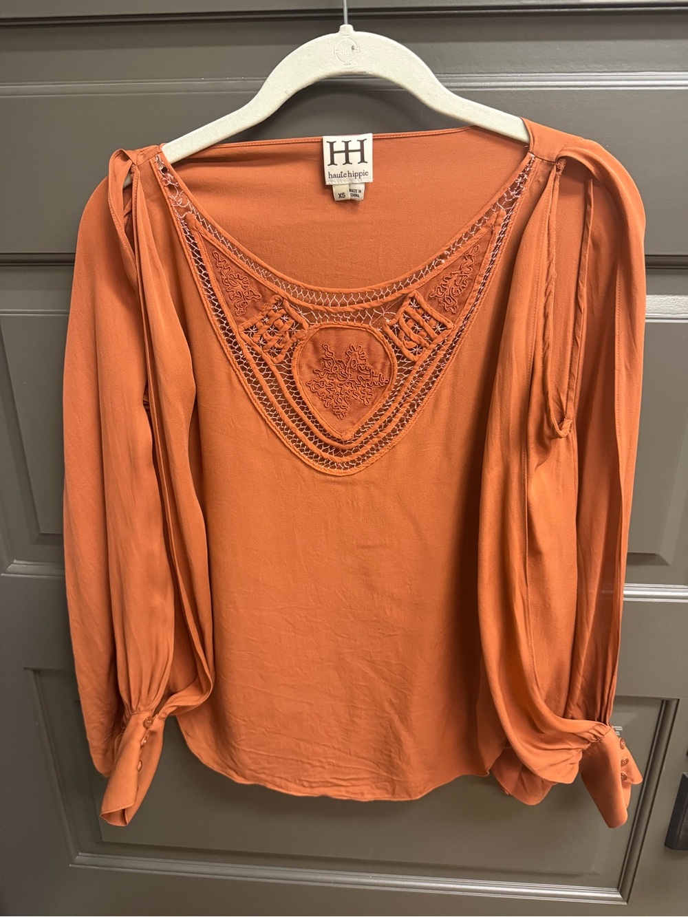 Haute Hippie Burnt Orange Embroidered Long-Sleeve Top